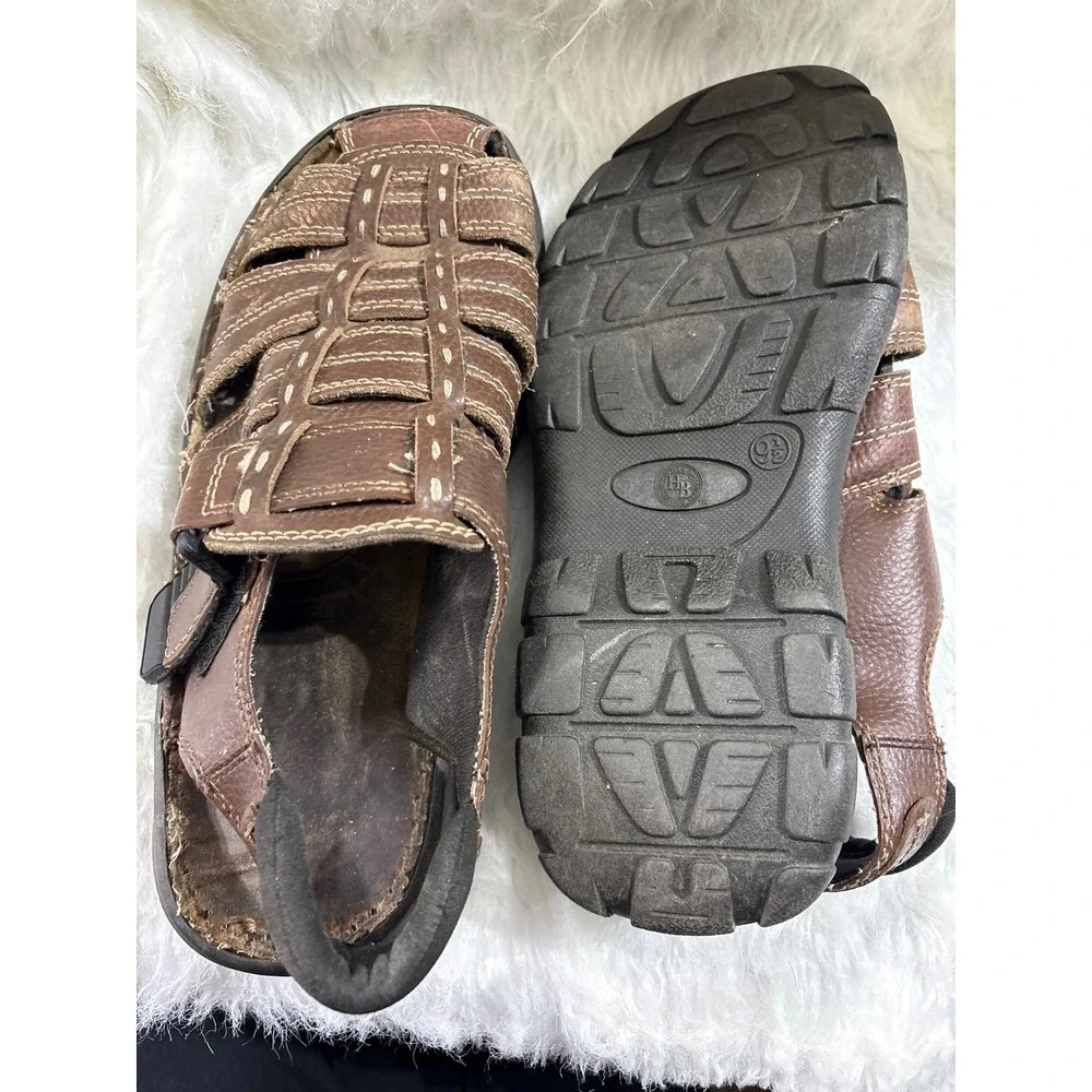 Vintage Y2K Mens Brown Leather Fisherman Sandals Closed Toe Contrast Stitch 9.5
